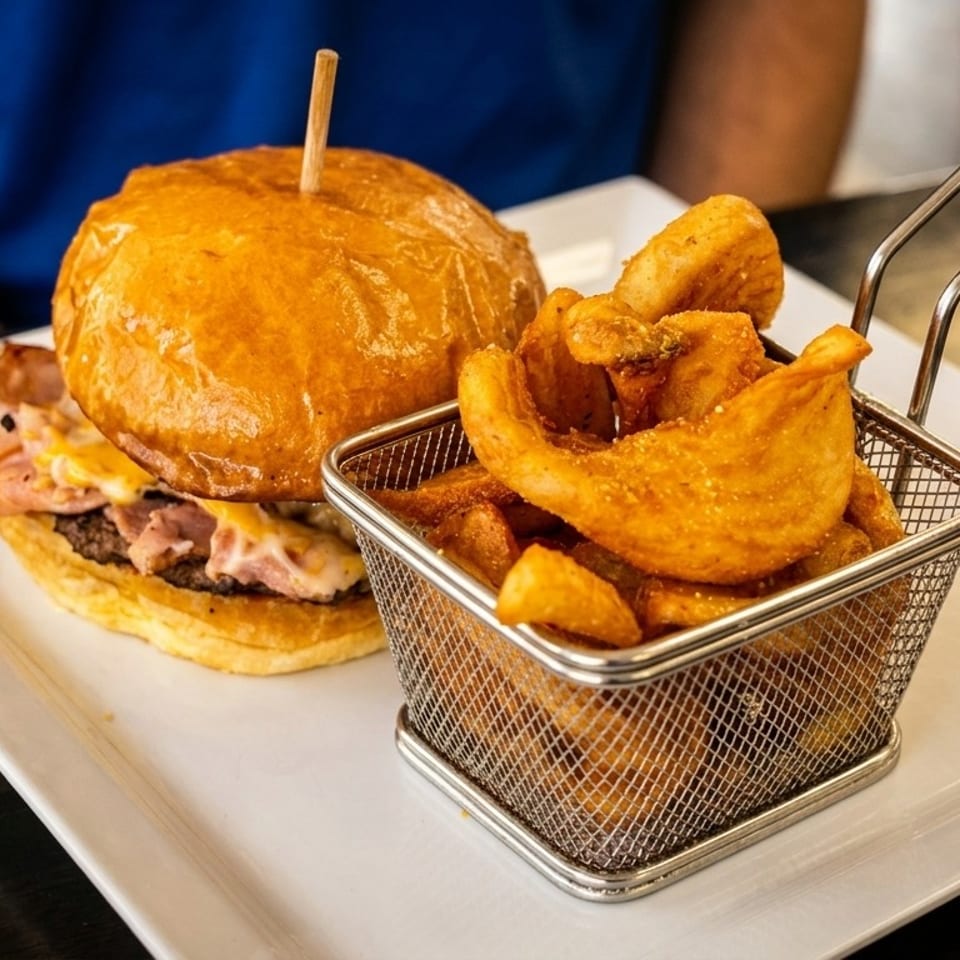A burger with melted cheese and ham, served with a metal basket of seasoned curly fries.