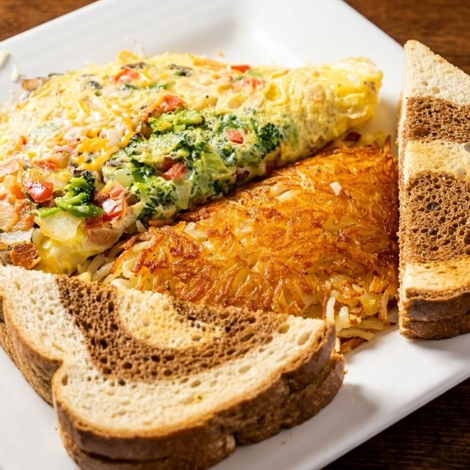 A breakfast plate with a vegetable omelet, crispy hash browns, and marbled rye toast.