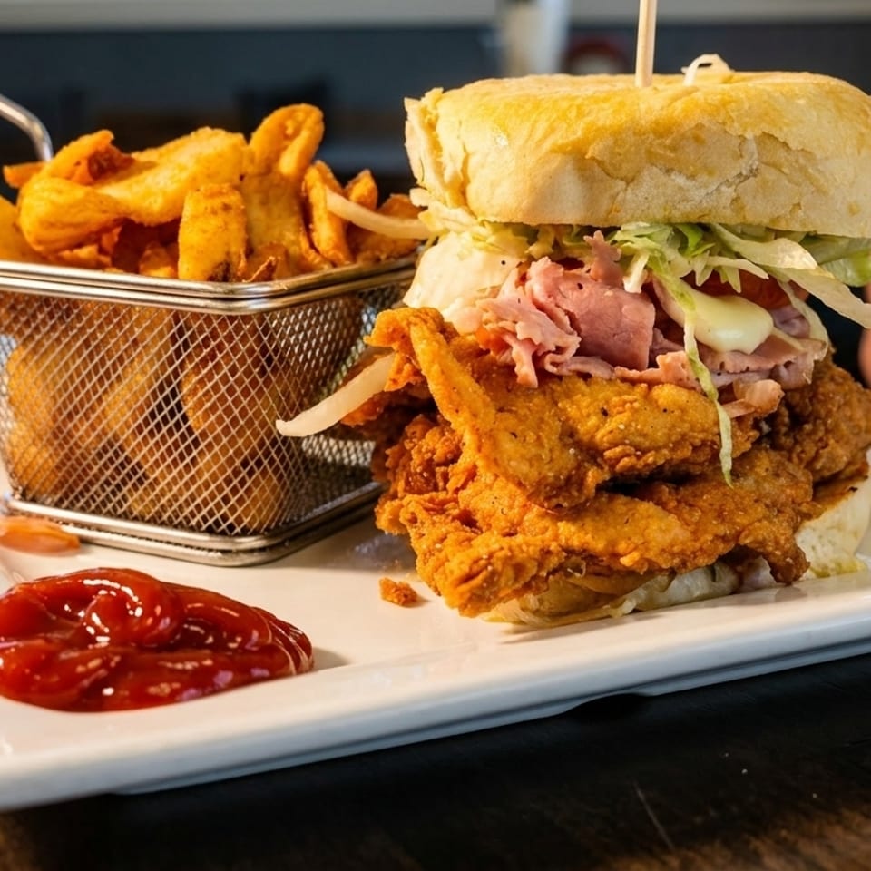 A fried chicken sandwich with ham, lettuce, and tomato, served with fries and ketchup.