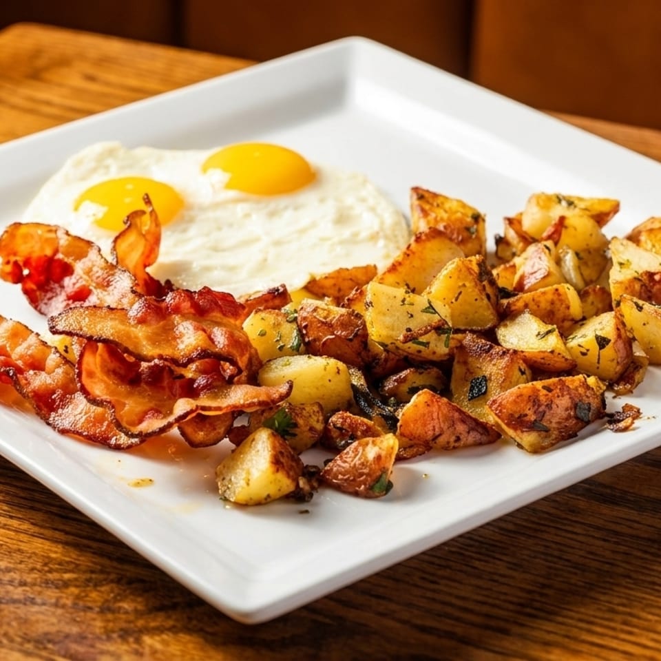 A breakfast plate with two fried eggs, crispy bacon strips, and seasoned roasted potatoes on a wooden table.
