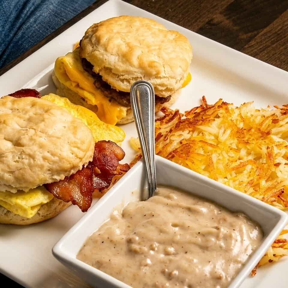 Breakfast plate with two biscuit sandwiches, hash browns, and a side of gravy.