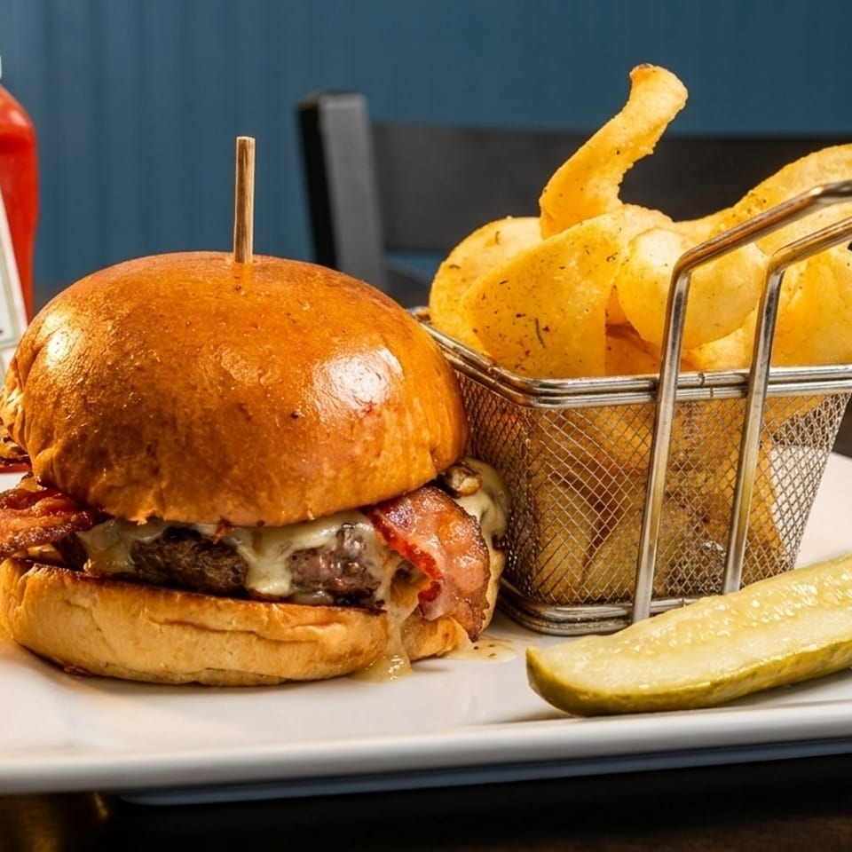 A bacon cheeseburger with curly fries in a metal basket, a pickle spear, and ketchup bottle.