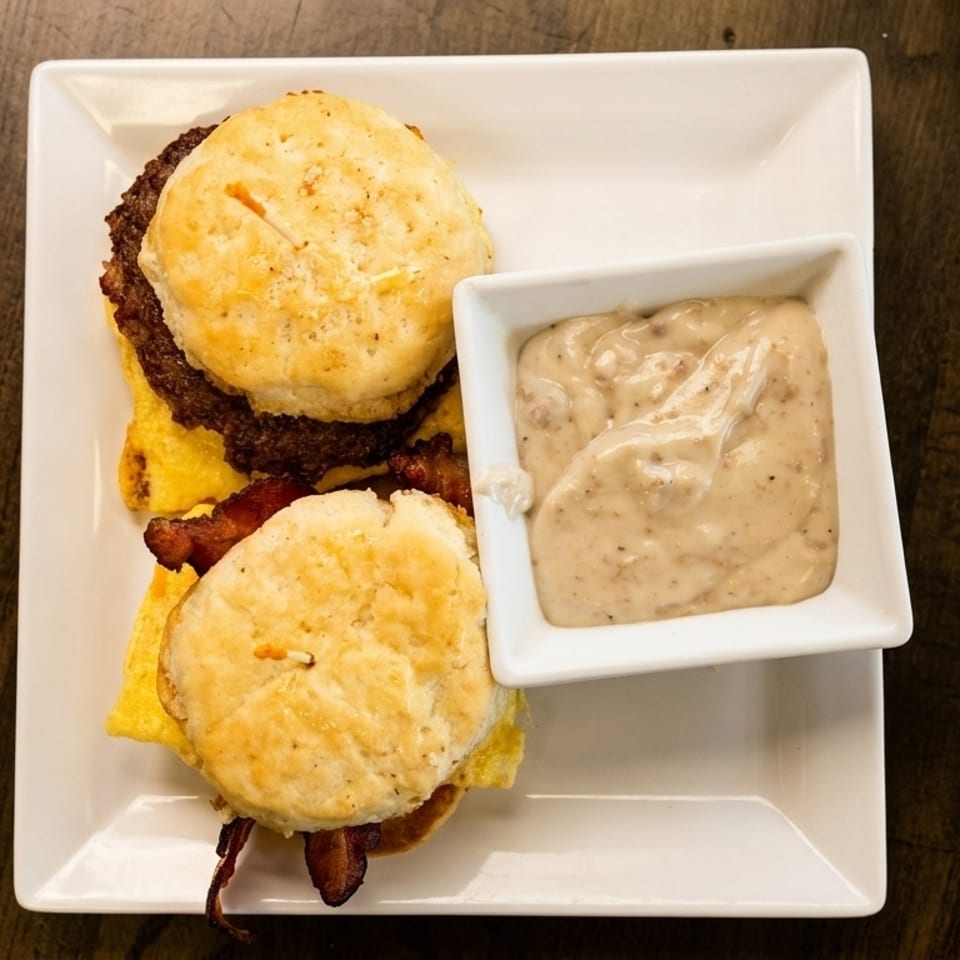 Two breakfast biscuit sandwiches with sausage, egg, and bacon, served with a side of gravy.